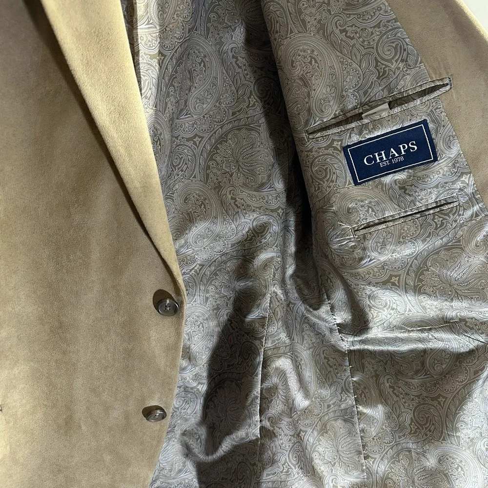 Chaps Men's 46R Sport Coat Tan Paisley Lined Blazer Faux‎ Suede 70s Retro